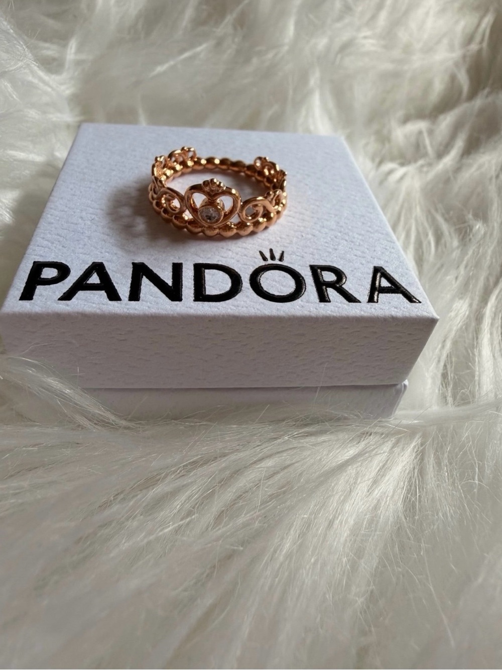 Pandora Rose Gold Princess Crown Ring with Clear Stone Accent